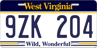 WV license plate 9ZK204