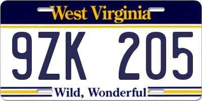 WV license plate 9ZK205