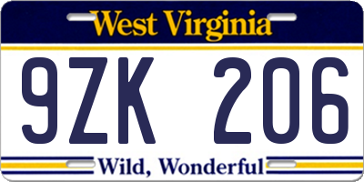 WV license plate 9ZK206
