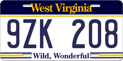 WV license plate 9ZK208