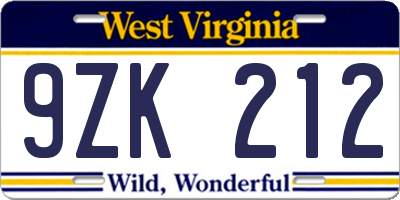 WV license plate 9ZK212