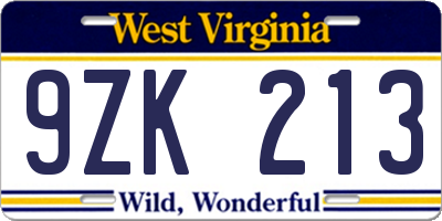 WV license plate 9ZK213