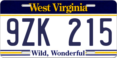 WV license plate 9ZK215