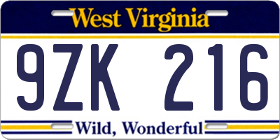 WV license plate 9ZK216