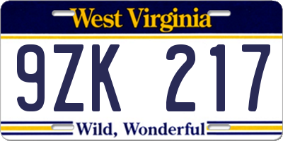 WV license plate 9ZK217