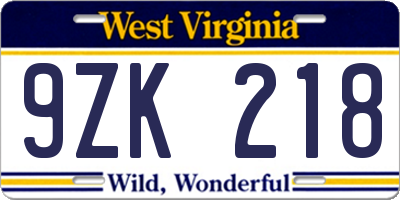 WV license plate 9ZK218