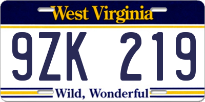 WV license plate 9ZK219