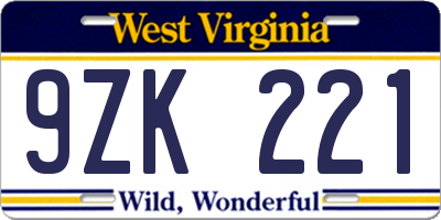WV license plate 9ZK221