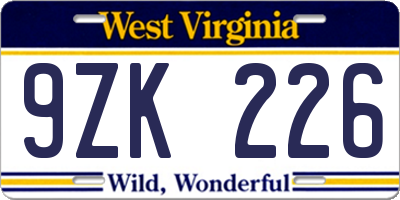 WV license plate 9ZK226