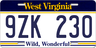 WV license plate 9ZK230
