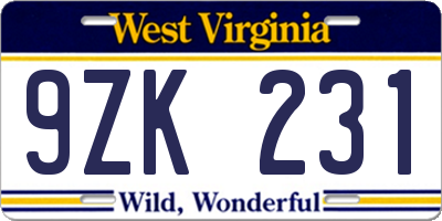 WV license plate 9ZK231