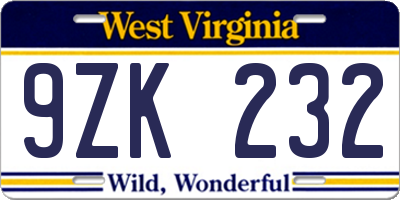 WV license plate 9ZK232