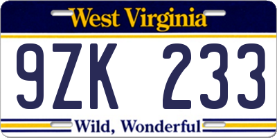 WV license plate 9ZK233