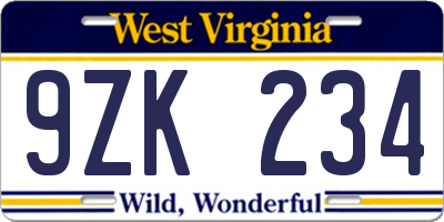 WV license plate 9ZK234