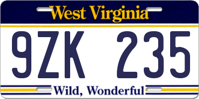 WV license plate 9ZK235