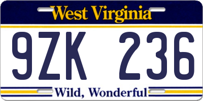 WV license plate 9ZK236