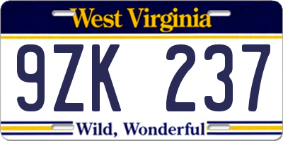 WV license plate 9ZK237