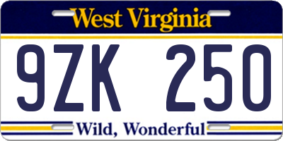 WV license plate 9ZK250