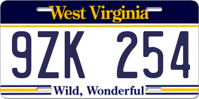 WV license plate 9ZK254