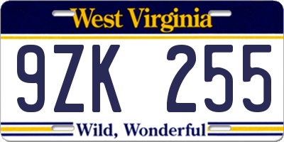 WV license plate 9ZK255