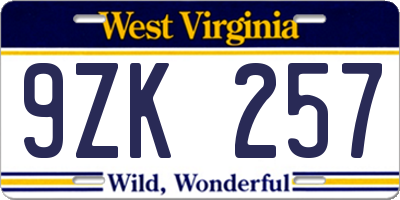 WV license plate 9ZK257