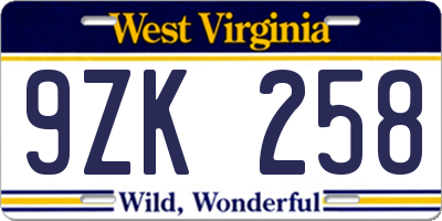 WV license plate 9ZK258