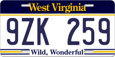 WV license plate 9ZK259