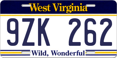 WV license plate 9ZK262