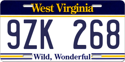 WV license plate 9ZK268