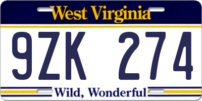 WV license plate 9ZK274