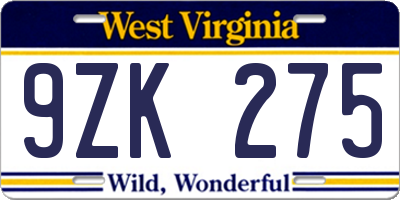 WV license plate 9ZK275