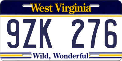 WV license plate 9ZK276