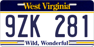 WV license plate 9ZK281