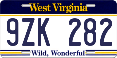 WV license plate 9ZK282