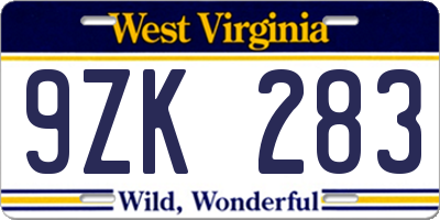 WV license plate 9ZK283