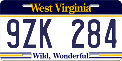 WV license plate 9ZK284