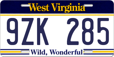 WV license plate 9ZK285