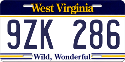 WV license plate 9ZK286