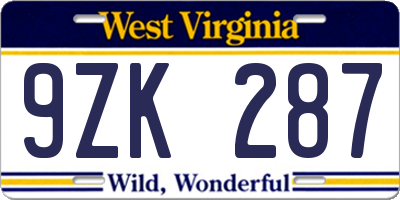 WV license plate 9ZK287