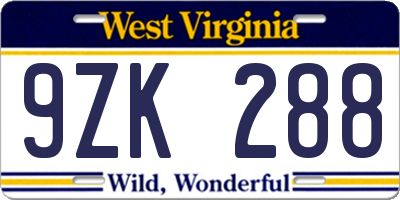 WV license plate 9ZK288