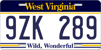 WV license plate 9ZK289