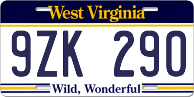 WV license plate 9ZK290