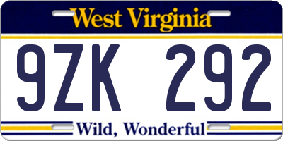 WV license plate 9ZK292