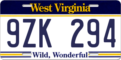 WV license plate 9ZK294