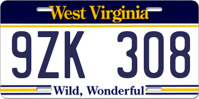 WV license plate 9ZK308