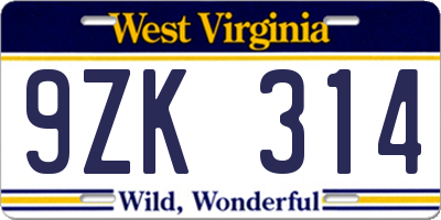 WV license plate 9ZK314