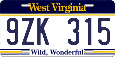 WV license plate 9ZK315
