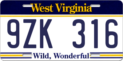 WV license plate 9ZK316