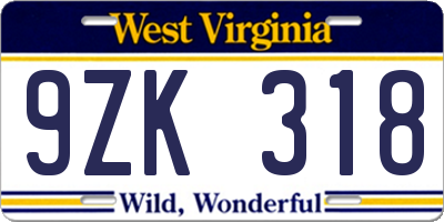 WV license plate 9ZK318