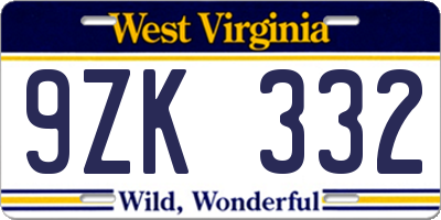 WV license plate 9ZK332
